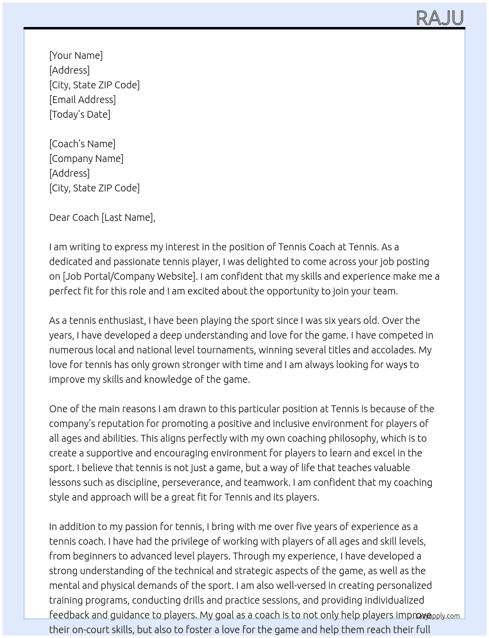 Tennis Coach  At Tennis  Cover Letter
