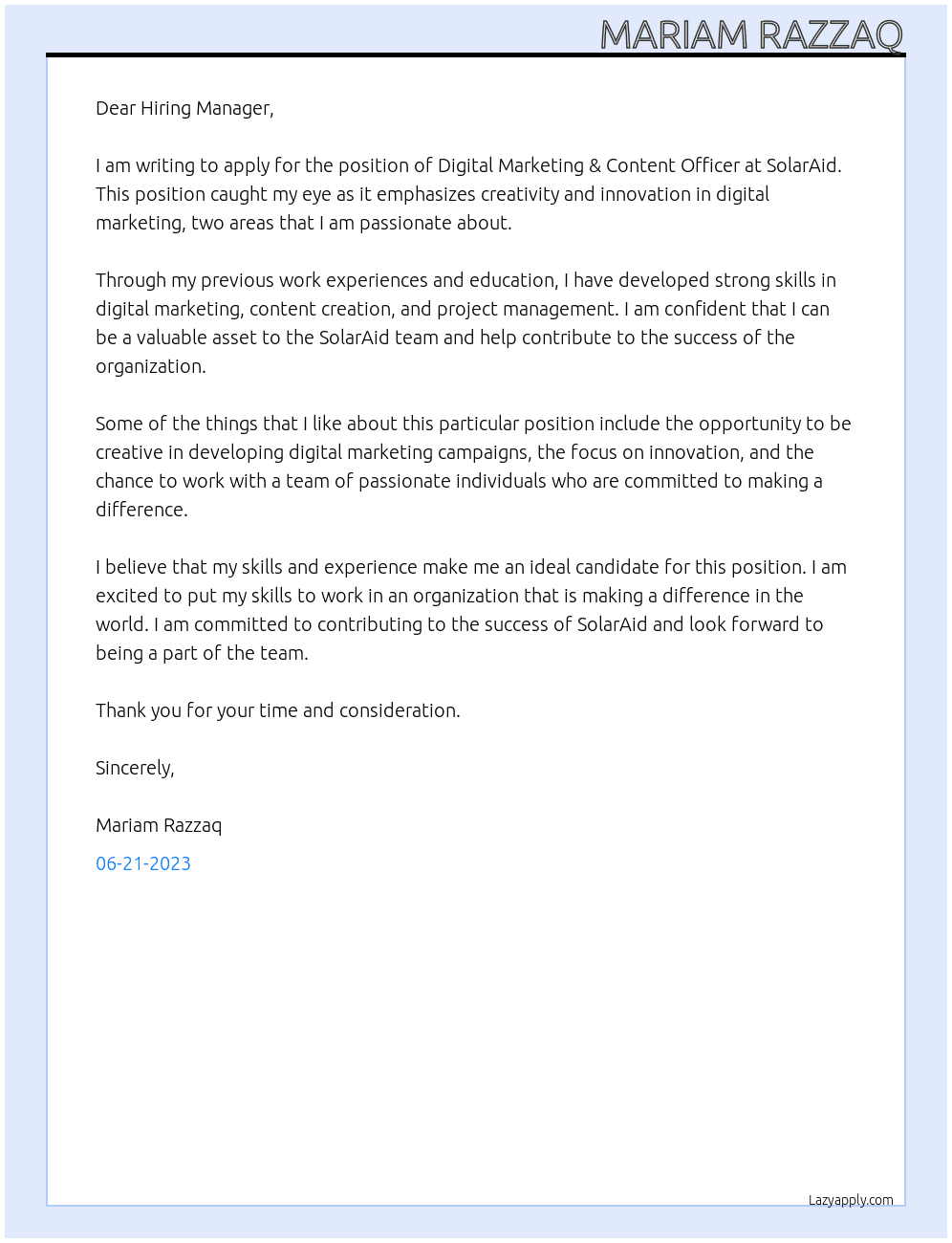 Digital Marketing & Content Officer At SolarAid Cover Letter
