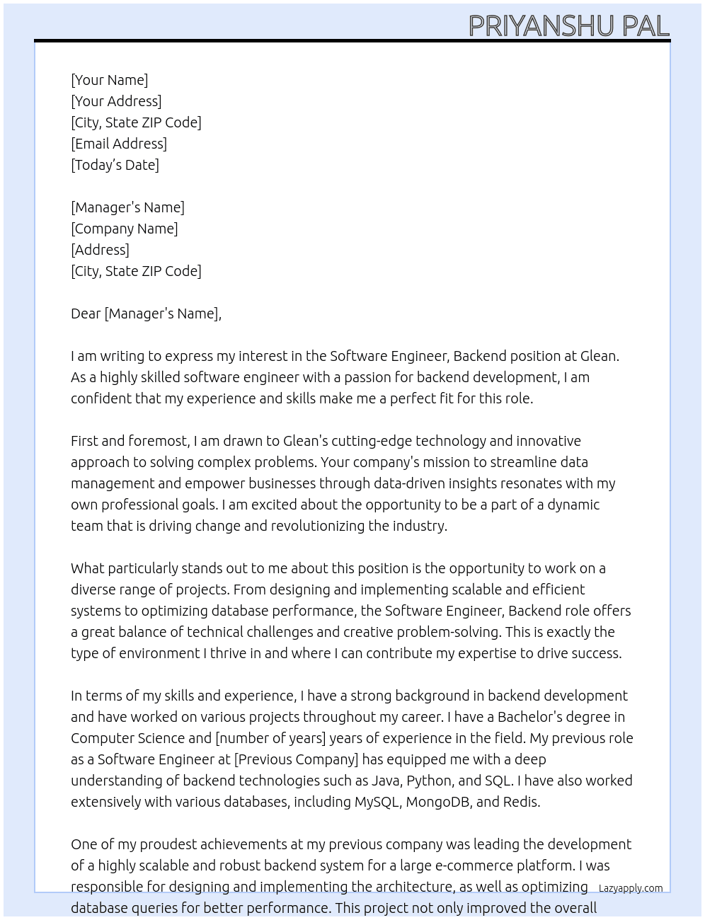 Software Engineer, Backend At Glean Cover Letter