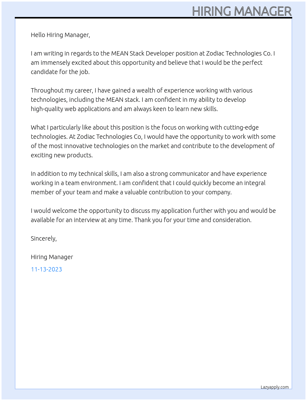 MEAN STack Developer At zodiac technologies co Cover Letter