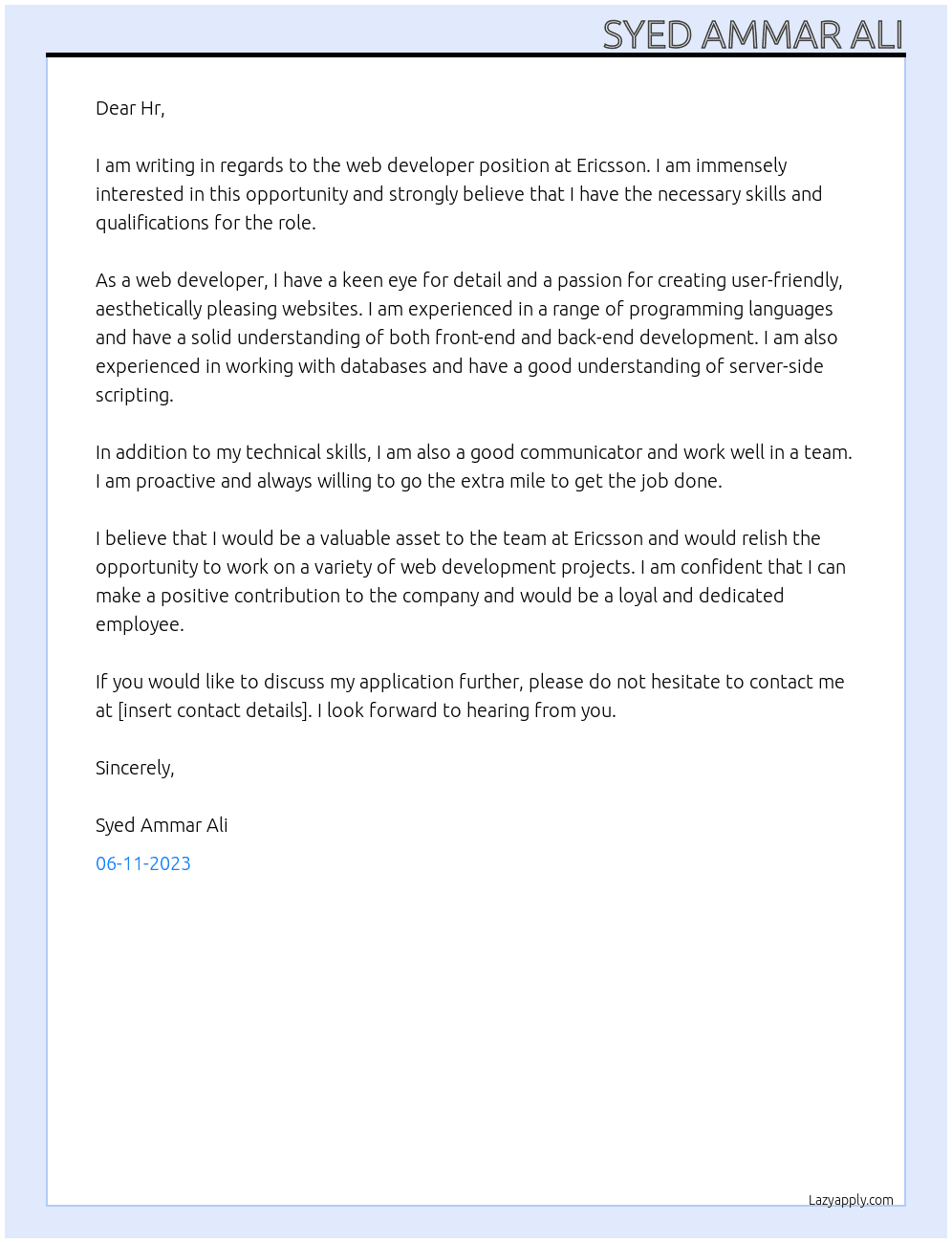 Web developer At Ericsson job Cover Letter