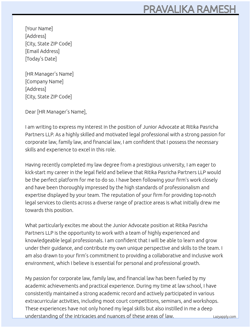 Junior advocate  At Ritika Pasricha Partners LLP Cover Letter