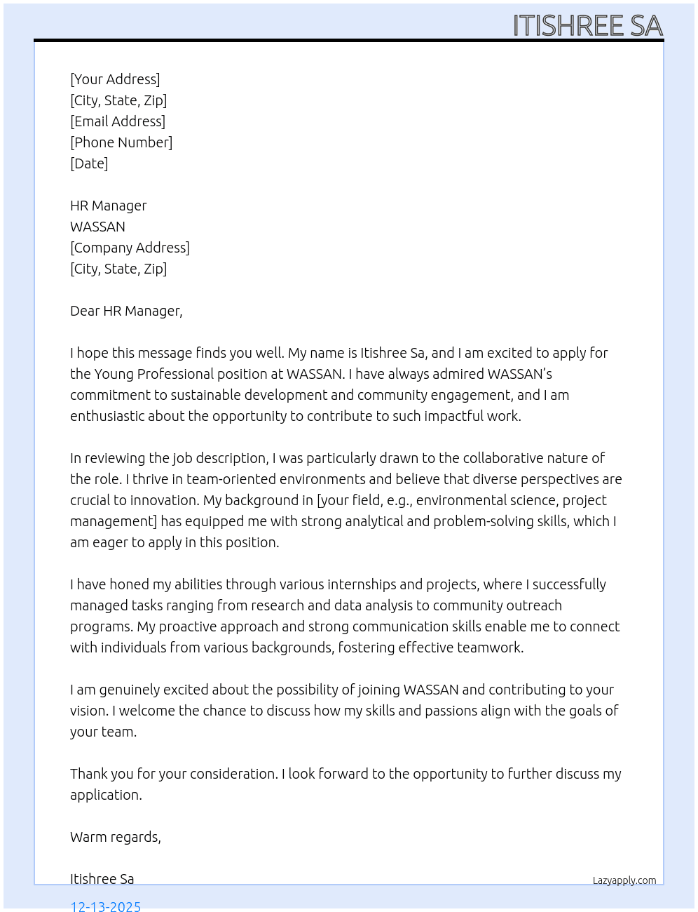 Cover letter for young professional - LazyApply
