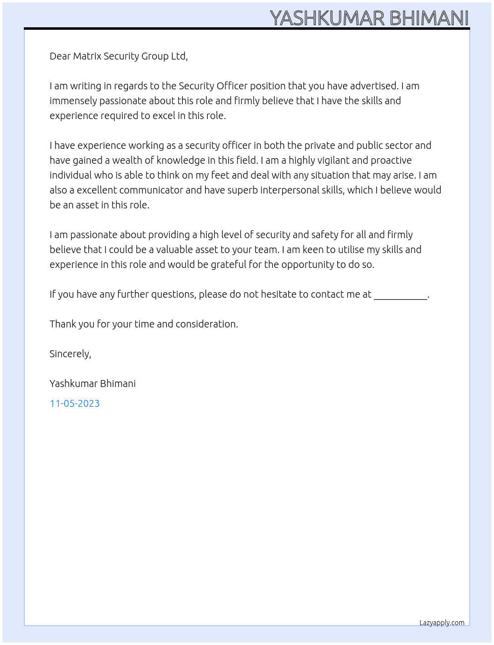 Security Officer At Matrix Security Group Ltd Cover Letter