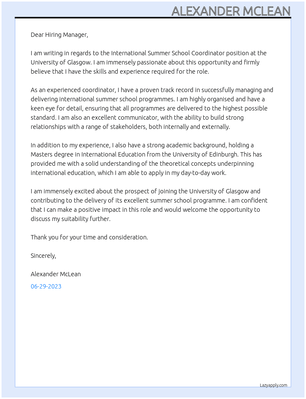  International Summer School Coordinator At University of Glasgow Cover Letter
