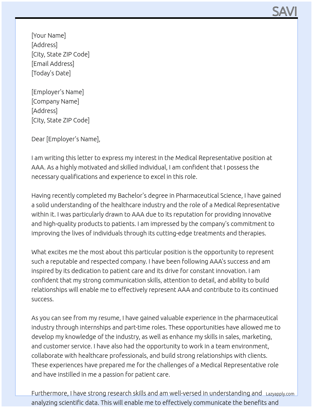 MEDICAL REPRESENTATIVE At AAA Cover Letter