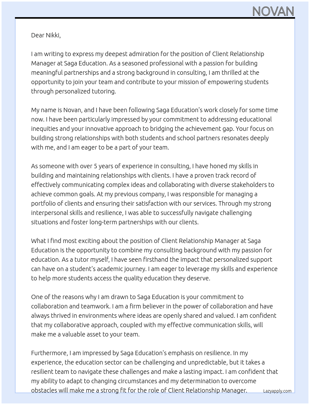 Client Relationship Manager At Saga Education Cover Letter