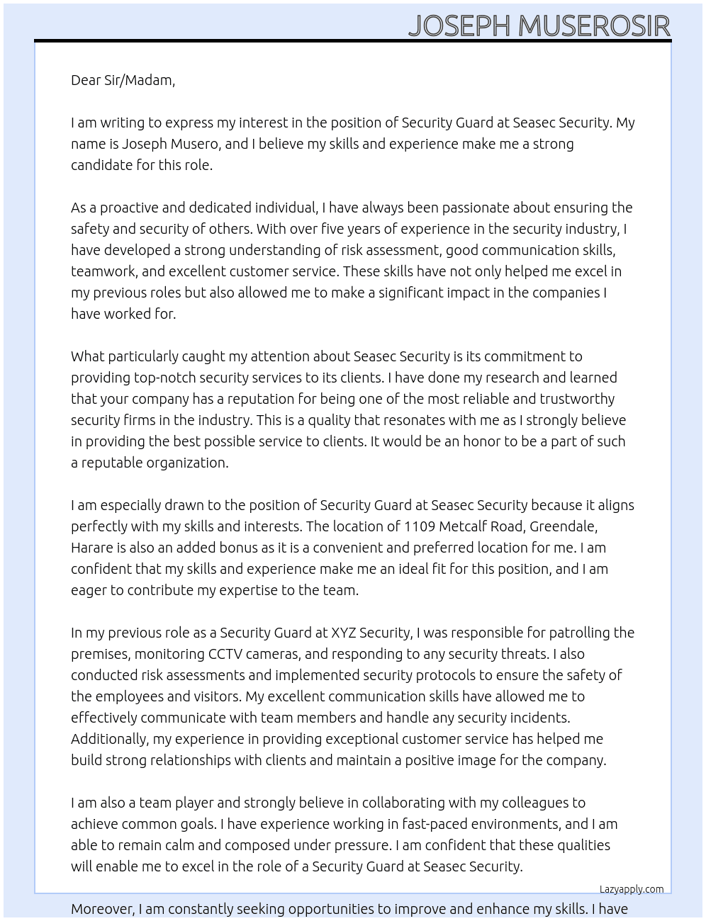 Security Guard At Seasec Security Cover Letter