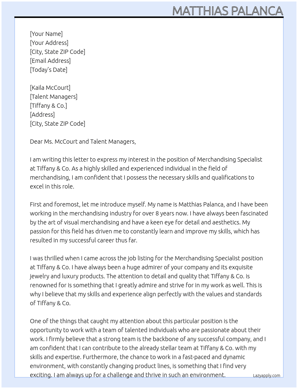 Merchandising Specialist At Tiffany & Co. Cover Letter