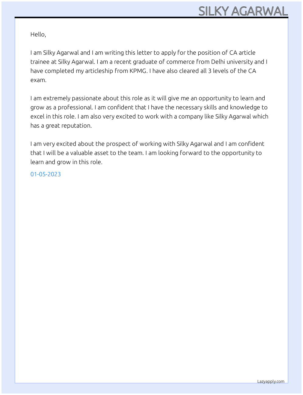  CA ARTICLE TRAINEE At Silky Agarwal  Cover Letter