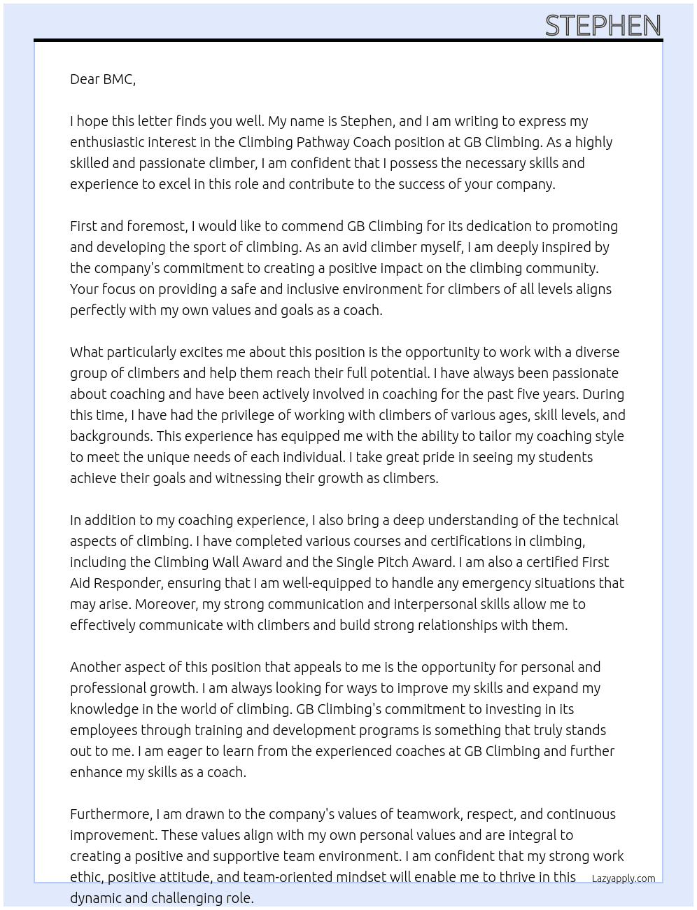 climbing pathwaty coach At GB climbing Cover Letter