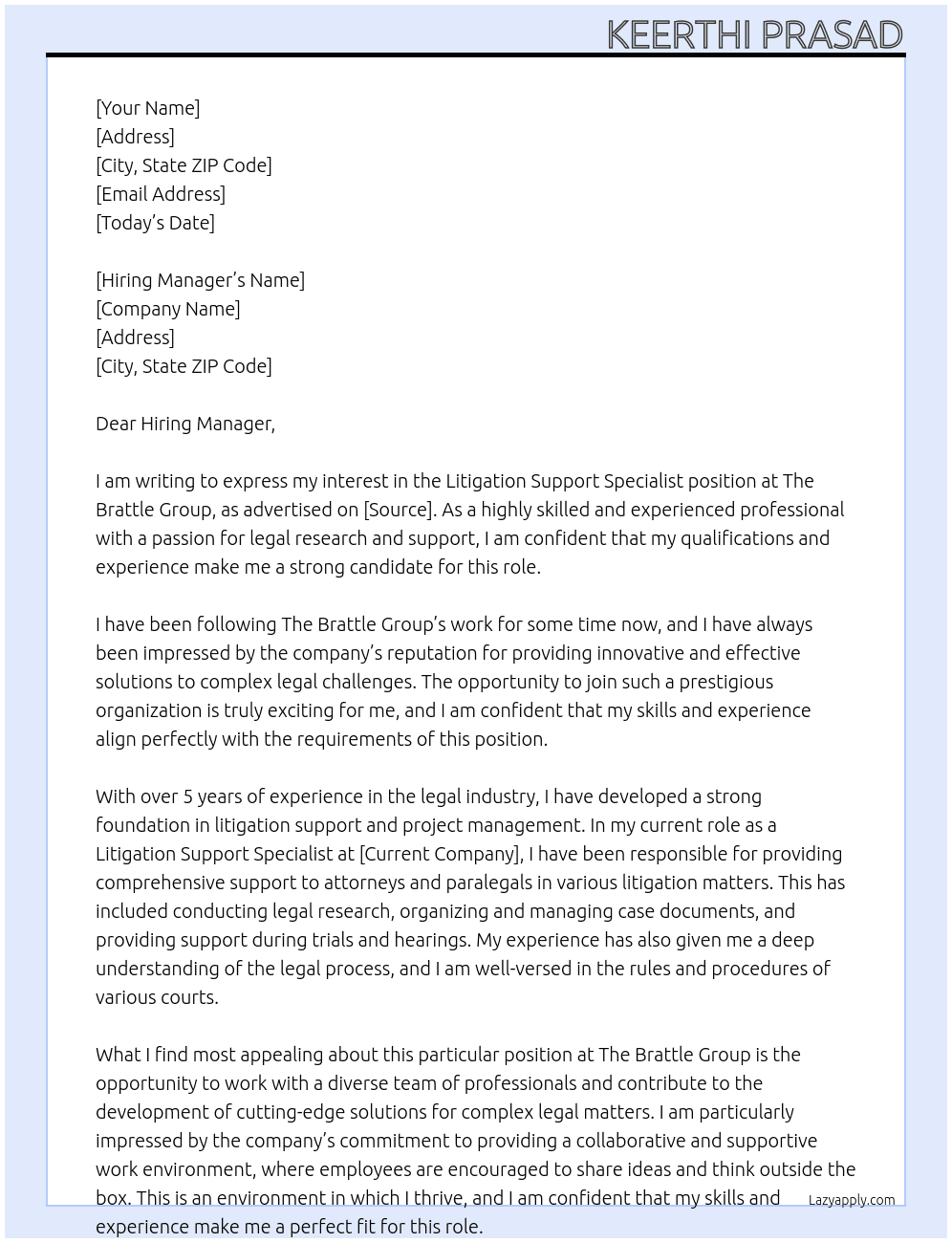 Litigation Support Specialist  At The Brattle Group Cover Letter