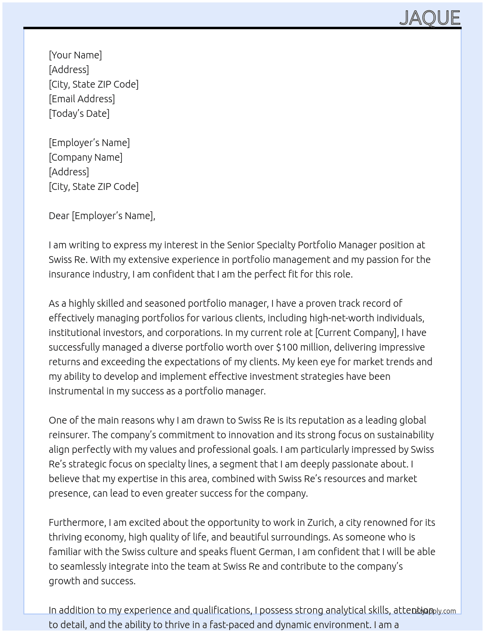 Senior Specialty Portfolio Manager At Swiss Re Cover Letter