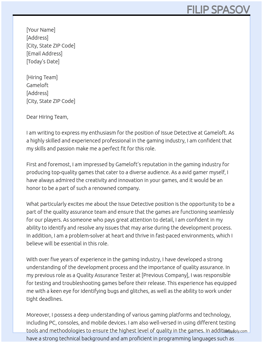 Cover letter for issue detective - LazyApply