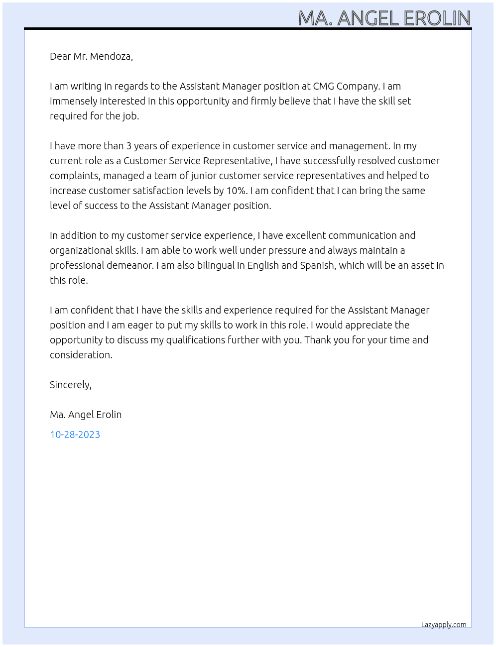 Assistant Manager in CMG Company At Assistant Manager  Cover Letter