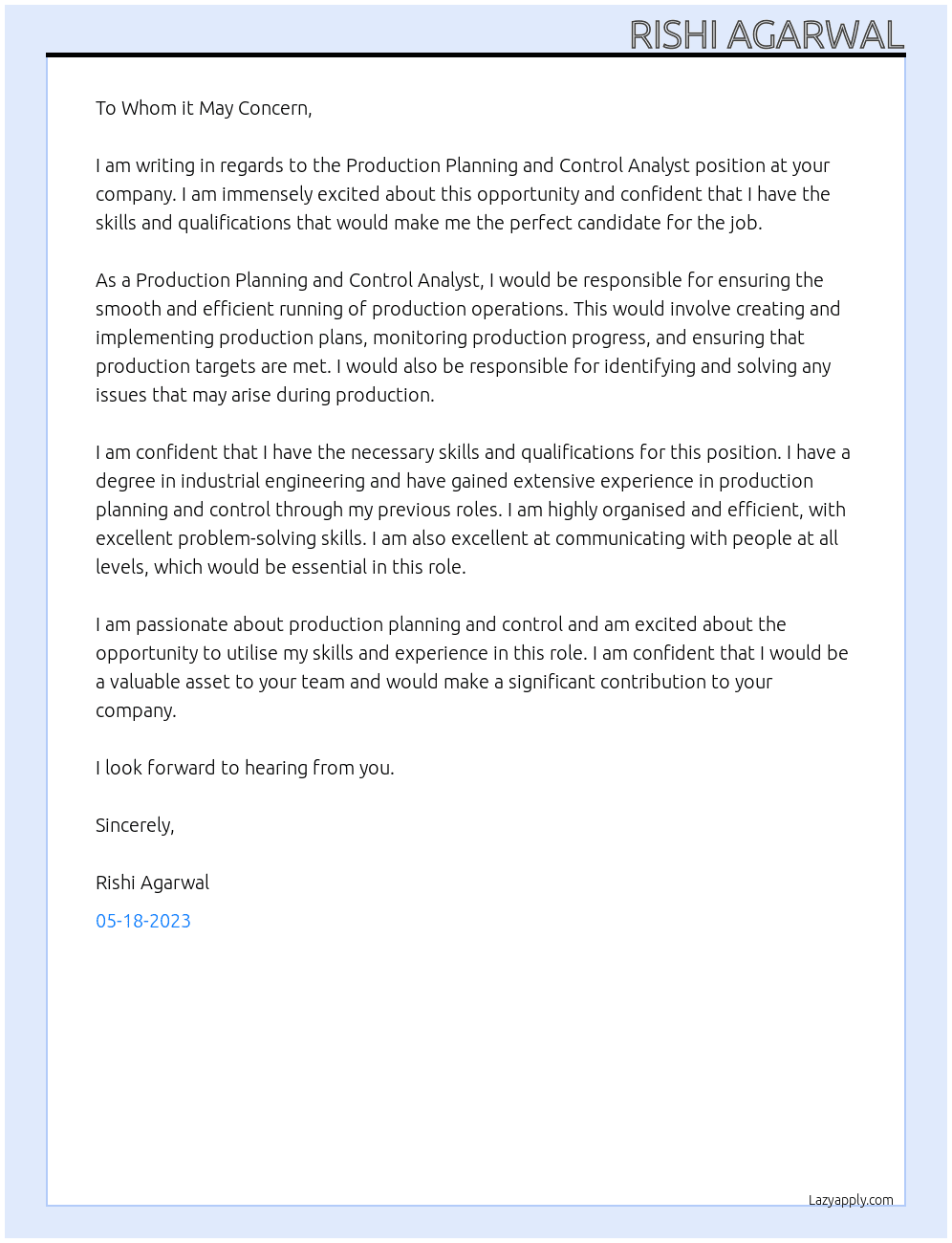 Production Planning and Control At PPC Analyst Cover Letter