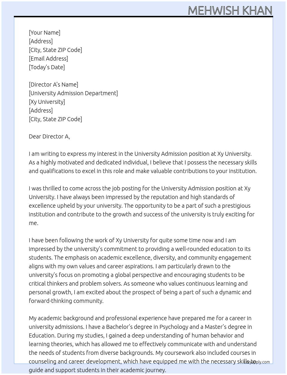 University admission  At Xy university  Cover Letter