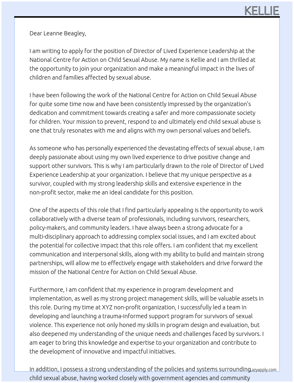 Director of lived experience leadership At National Centre for action on child sexual ause Cover Letter