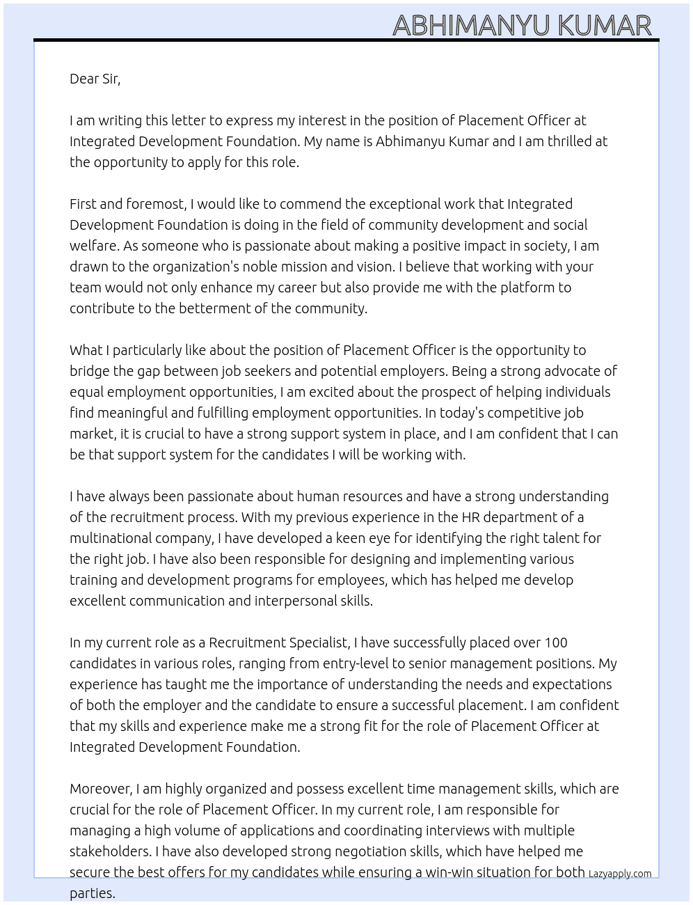 Placement officer At Integrated Development Foundation Cover Letter