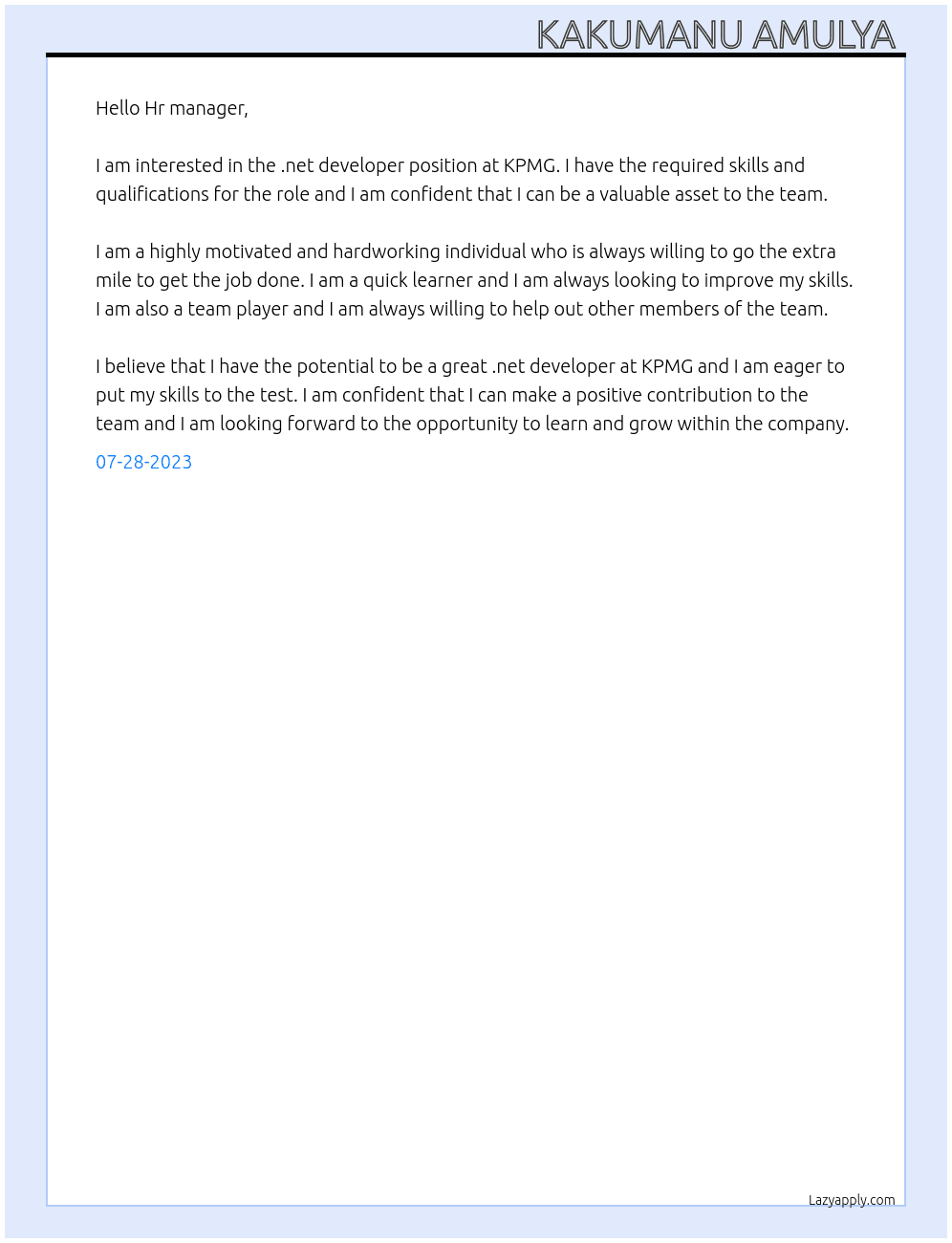 .net developer  At KPMG Cover Letter