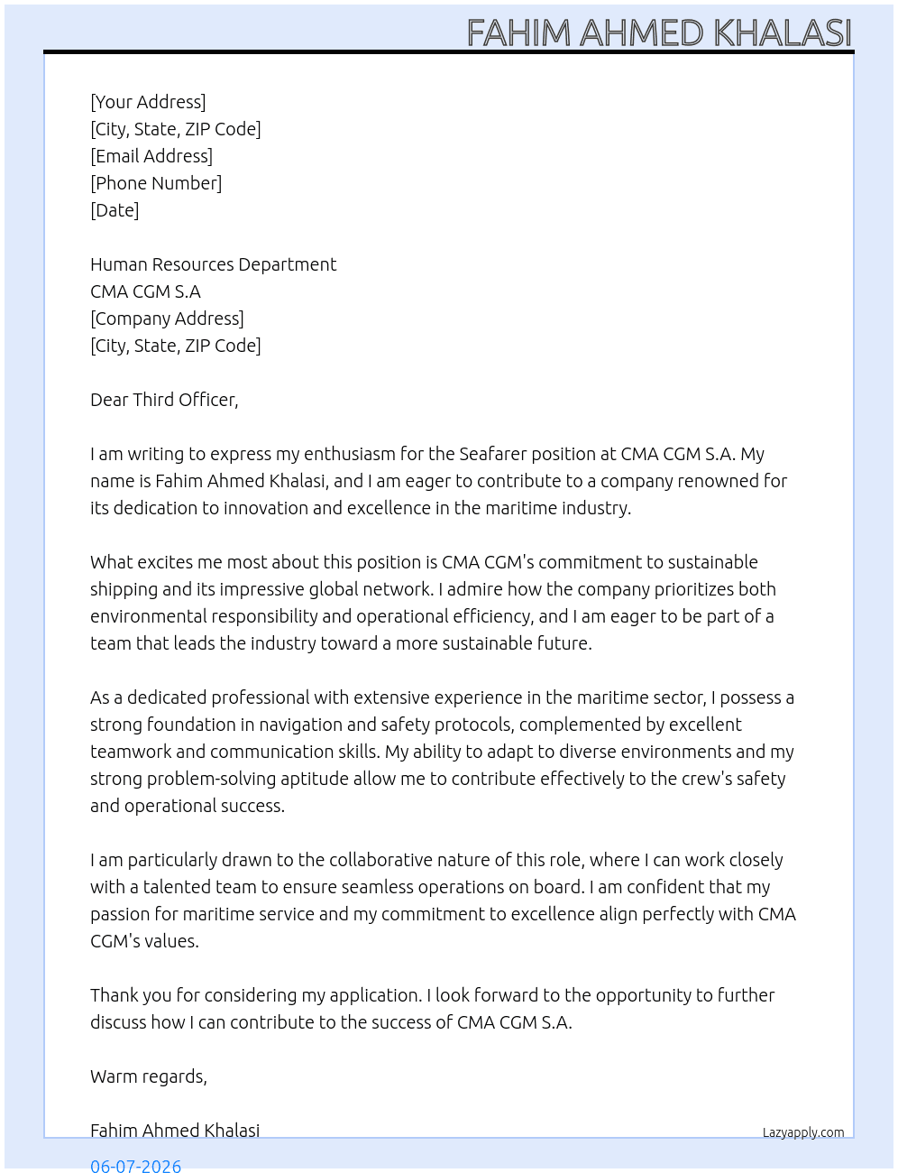SEAFARER At CMA CGM S.A Cover Letter
