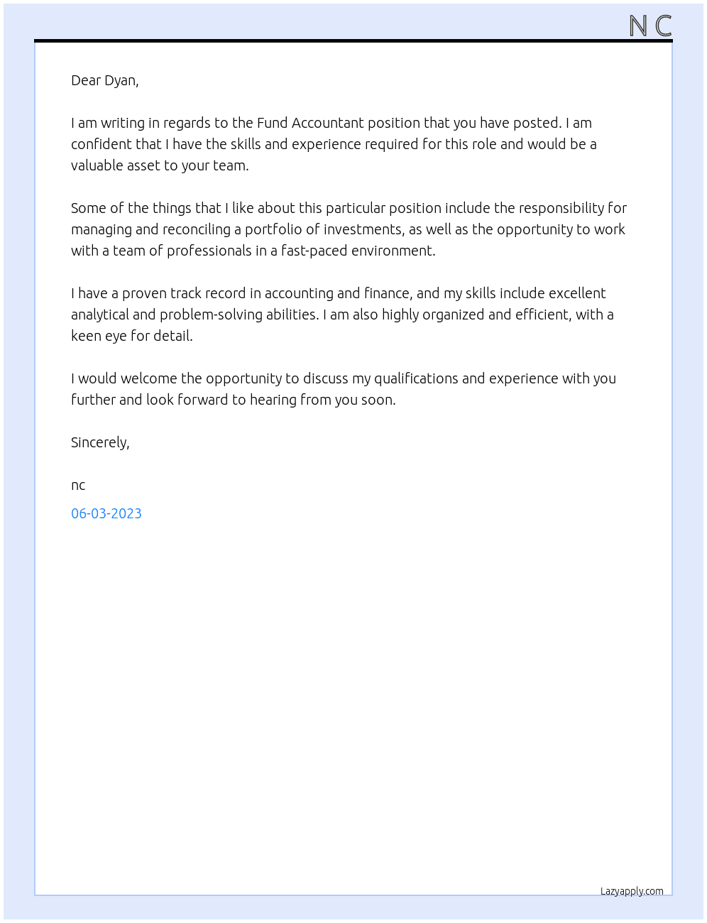 Fund Accountant At na Cover Letter