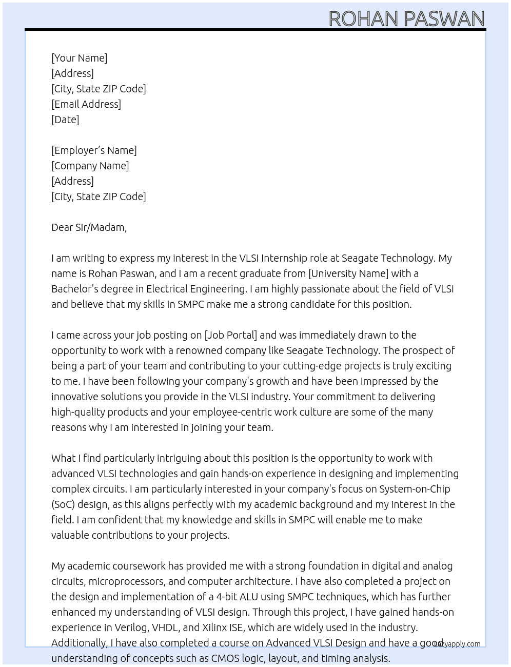 VLSI  At Seagate Technology Cover Letter