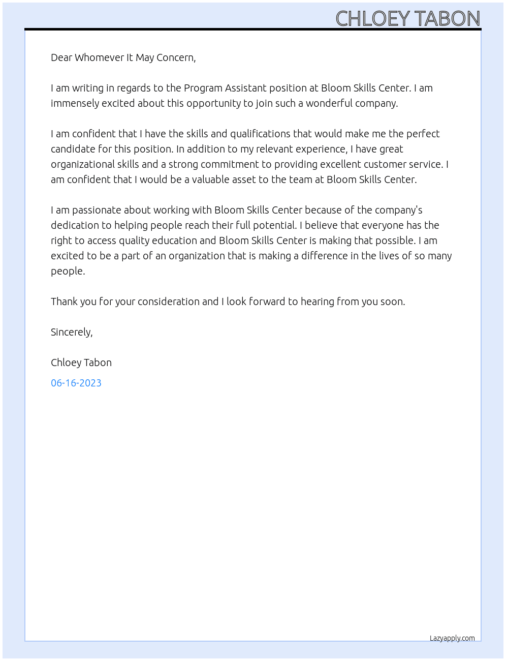 Program Assistant At Bloom Skills Center Cover Letter