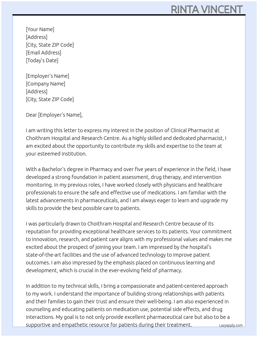 Clinical pharmacist  At Choithram hospital and research centre  Cover Letter