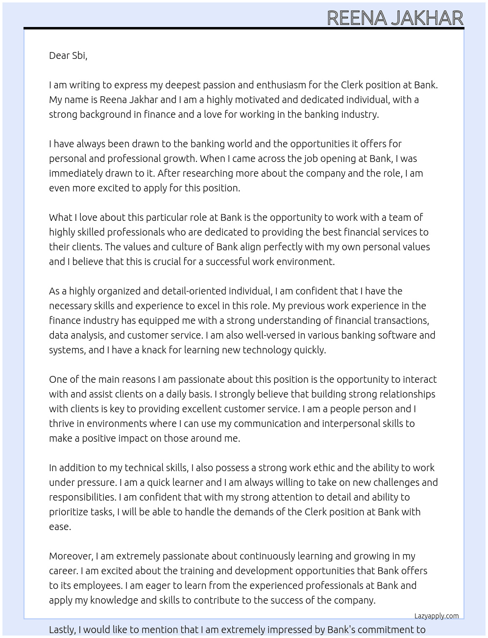 Clerk At Bank Cover Letter
