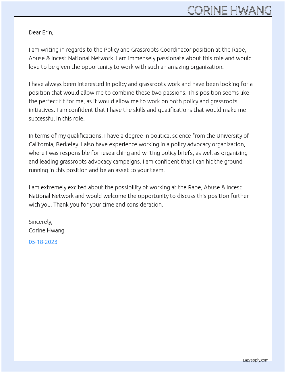 Policy and Grassroots Coordinator At Rape, Abuse & Incest National Network Cover Letter