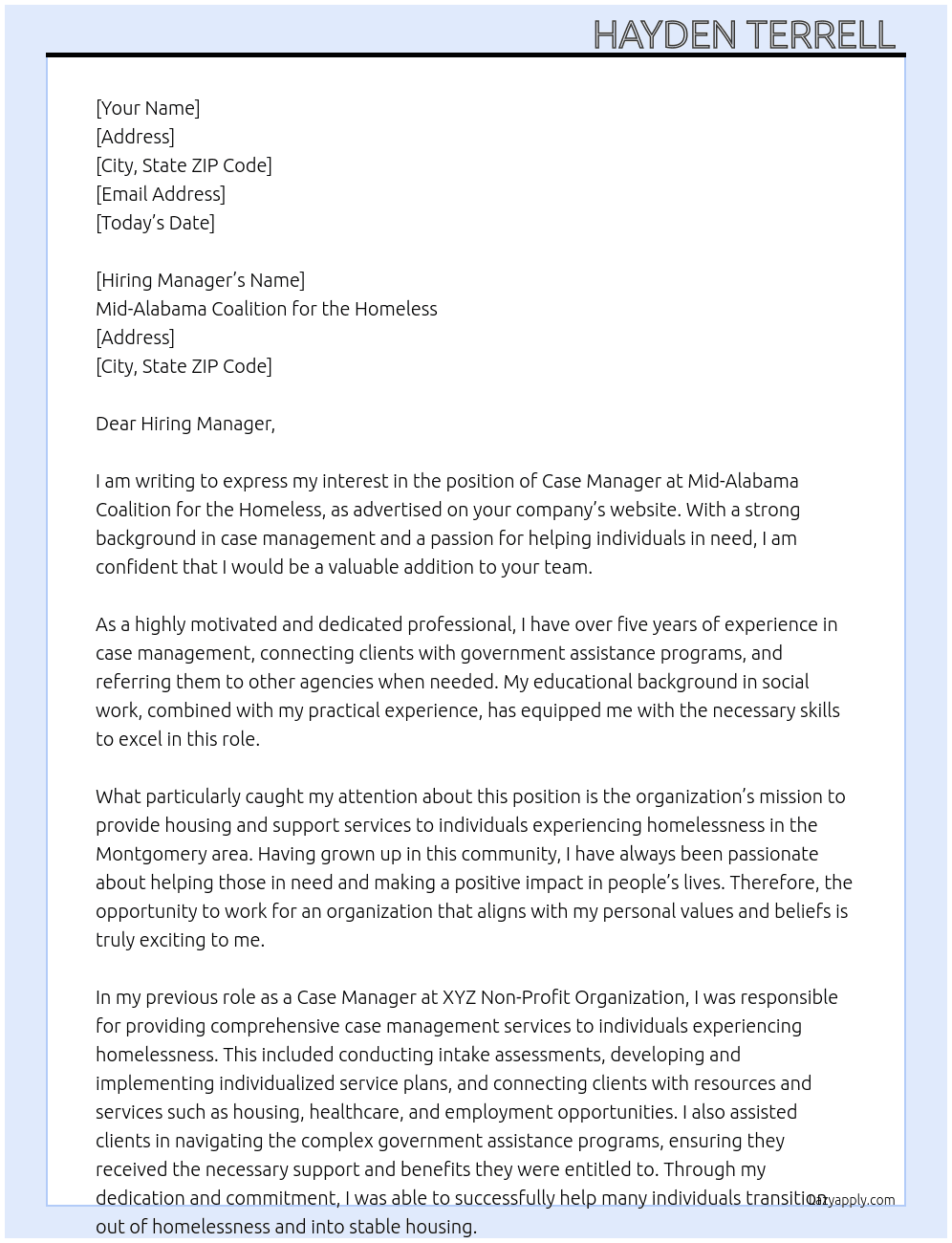 Case Manager At Mid-Alabama Coalition for the Homeless Cover Letter