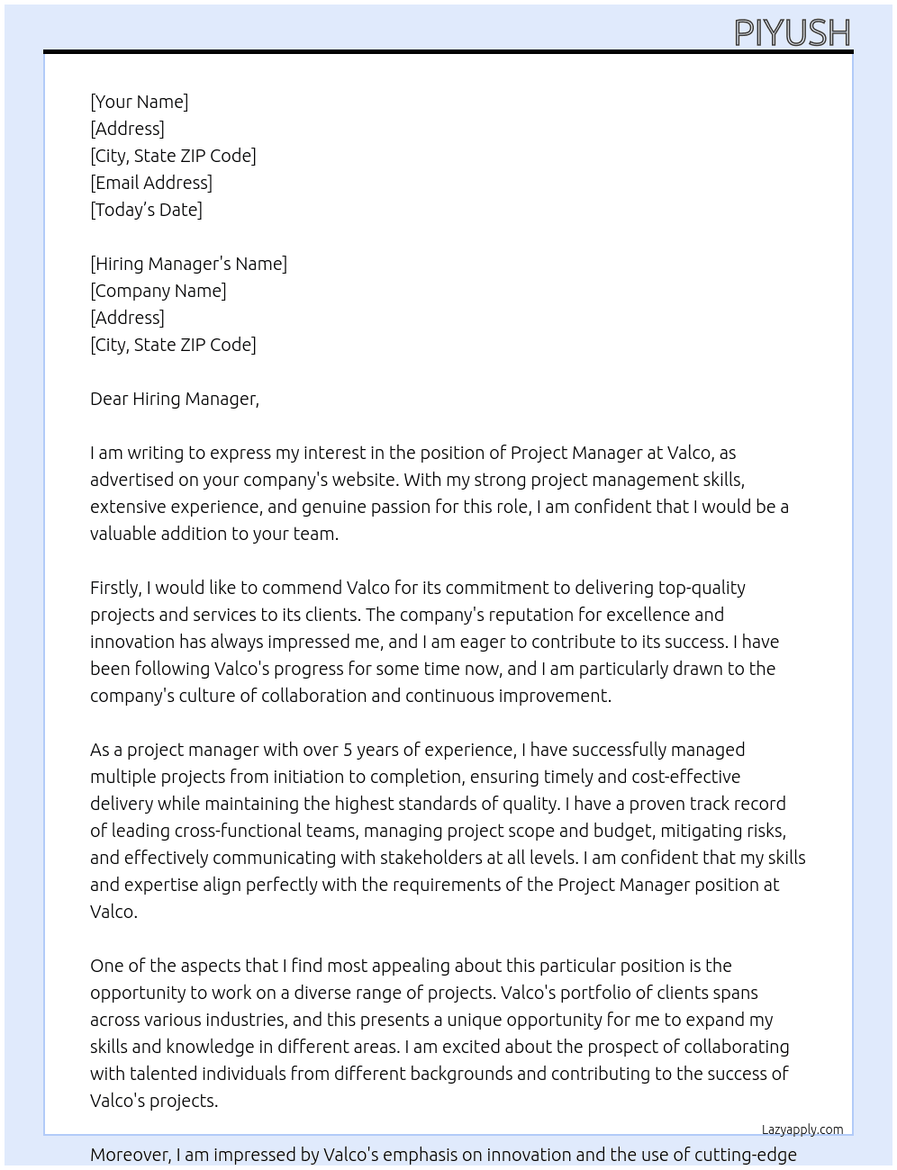 Project Manager At Valco Cover Letter