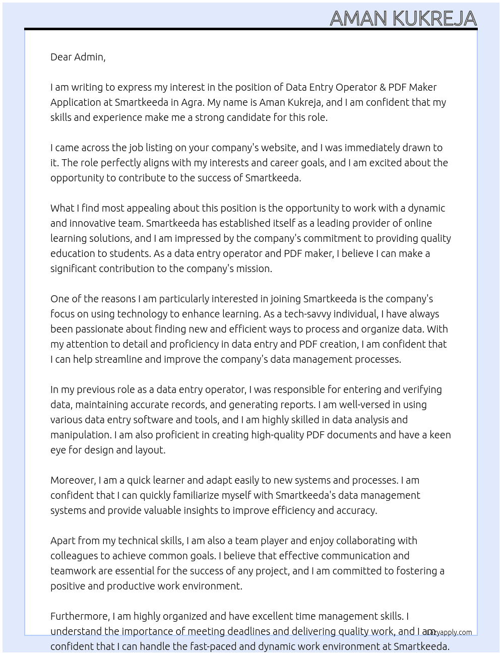  "Data Entry Operator & PDF Maker Application - Agra" At Smartkeeda Cover Letter