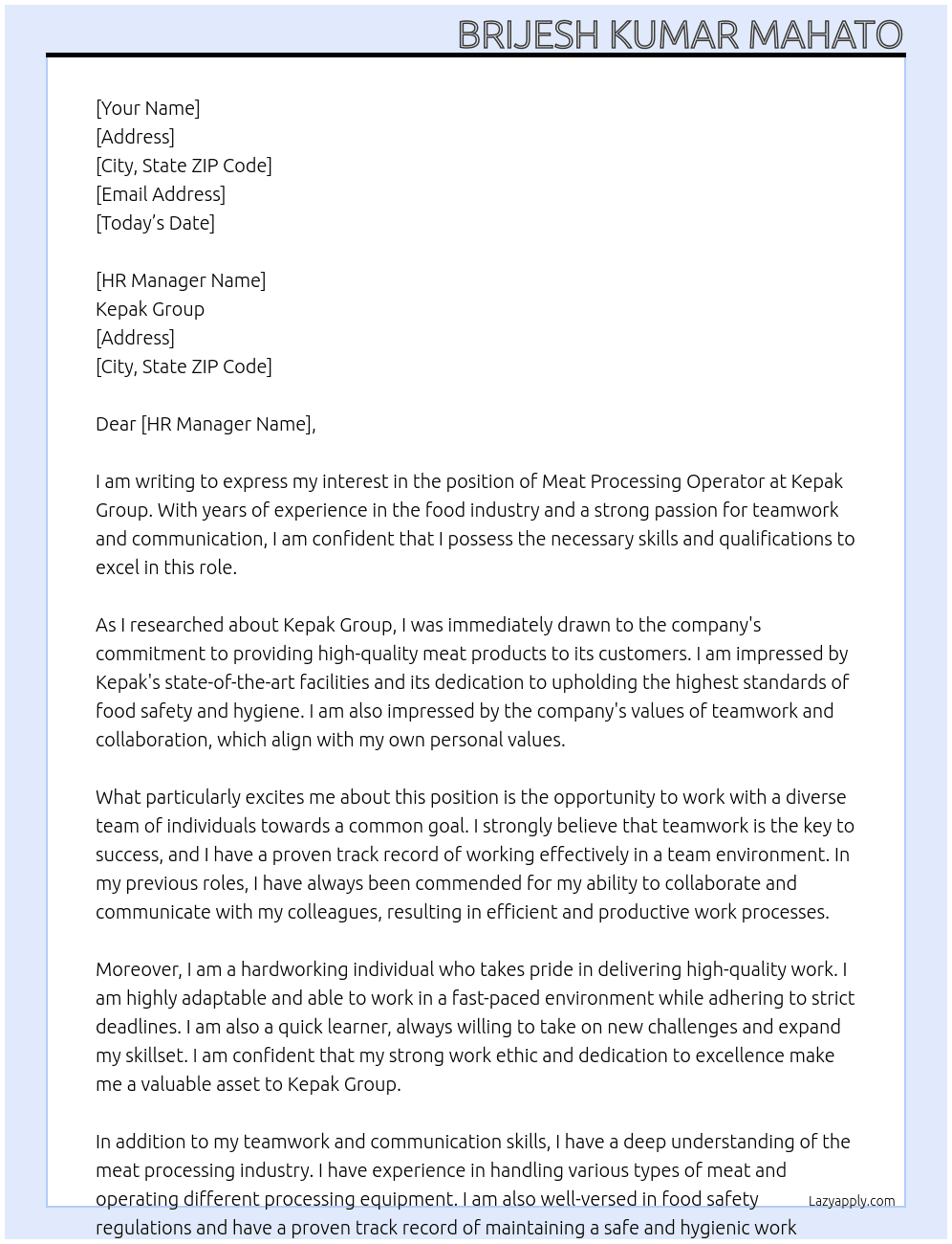 Meat processing operator  At Kepak group Cover Letter