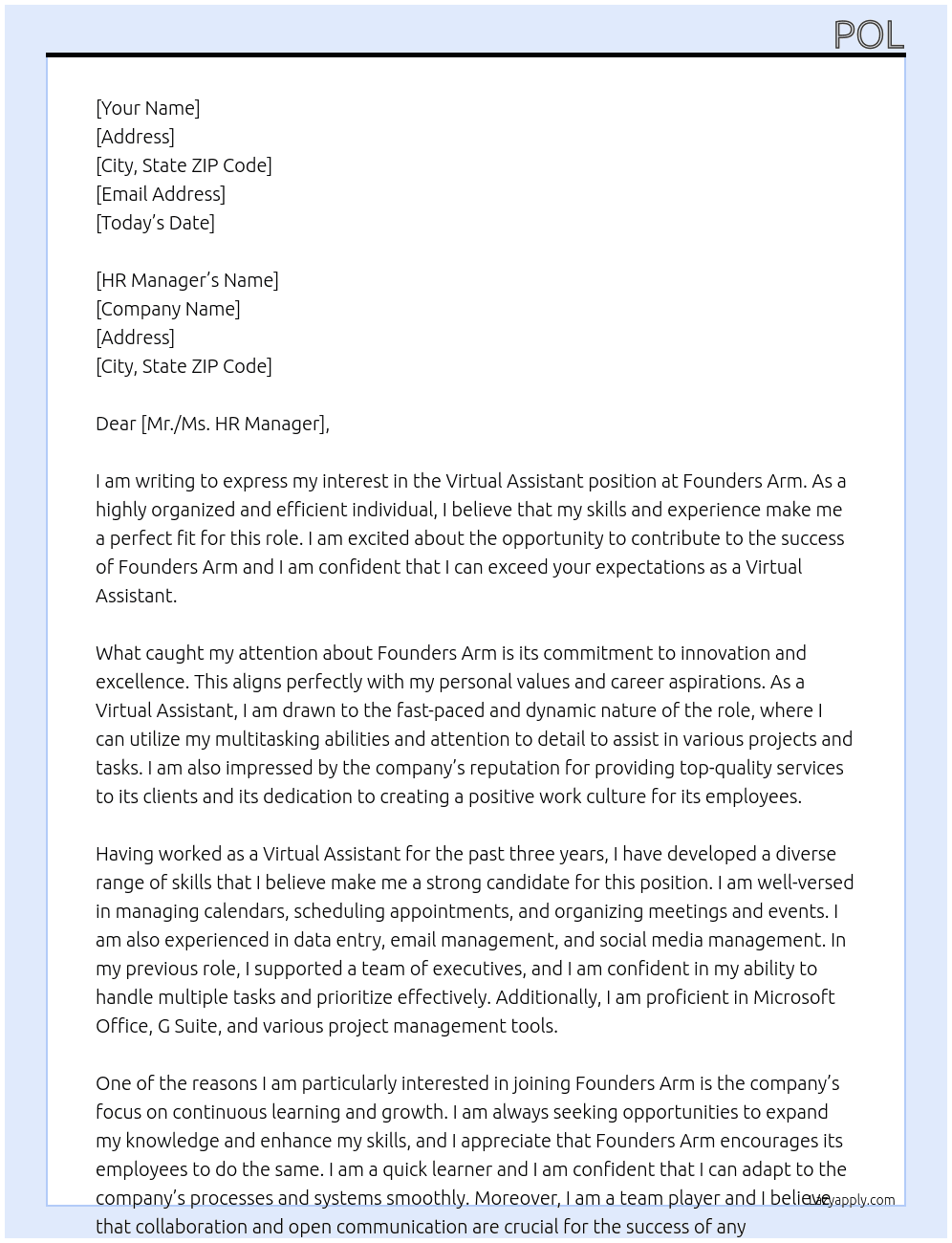 virtual assisstant At Founders Arm Cover Letter