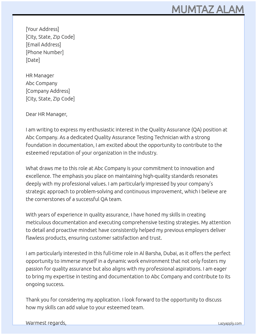 Quality Assurance(QA)  At Abc company  Cover Letter