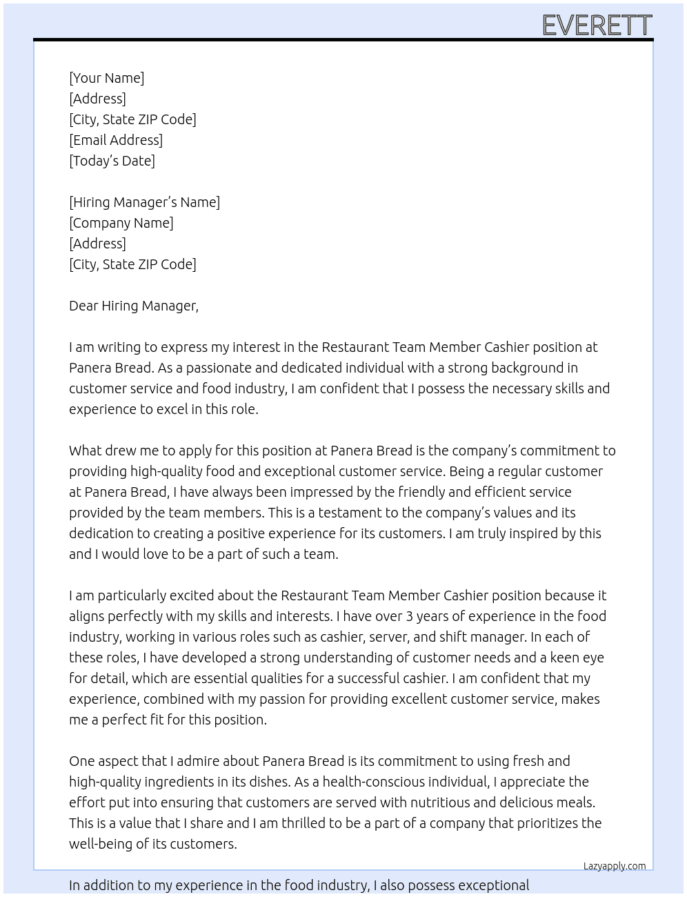 restaurant team member cashier At panera bread Cover Letter