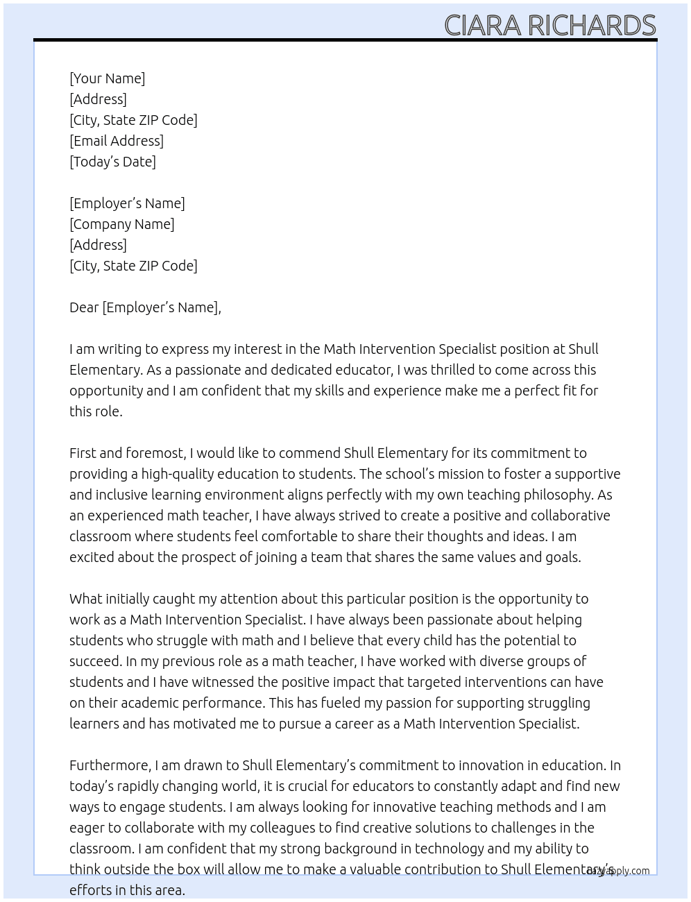 Math Intervention Specialist At Shull Elementary Cover Letter