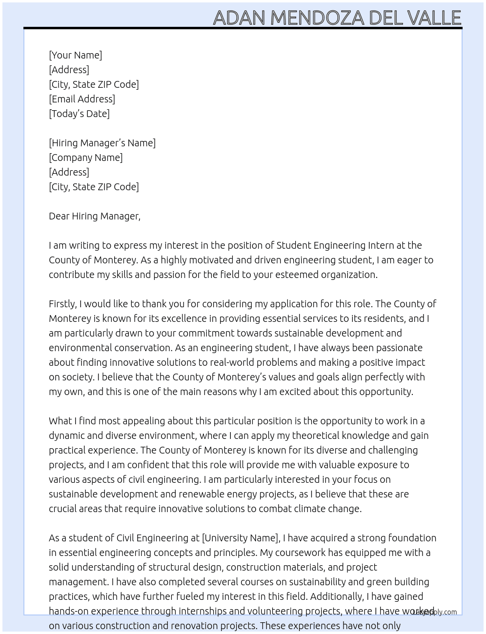 Student Engineering Intern At County of Monterey Cover Letter