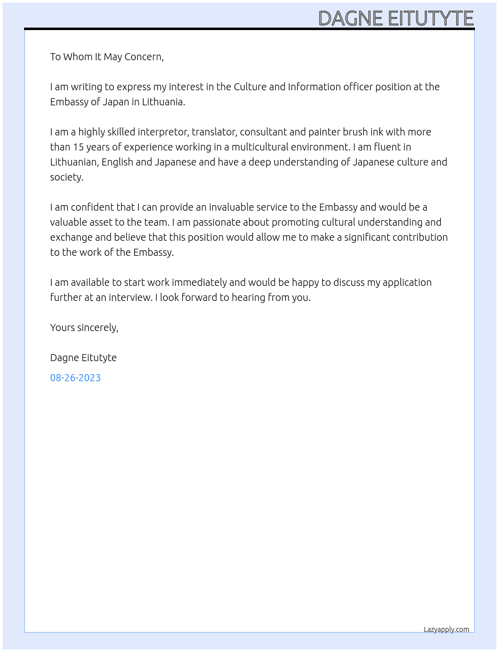 Culture and Information officer At Embassy of Japan in Lithuania Cover Letter