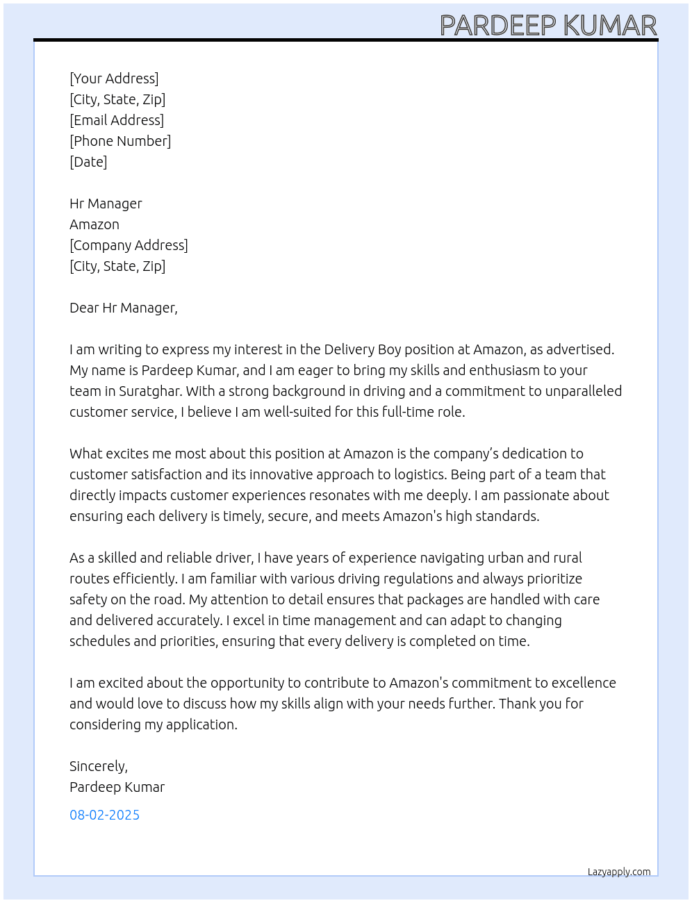 Delivery boy  At Amazon Cover Letter