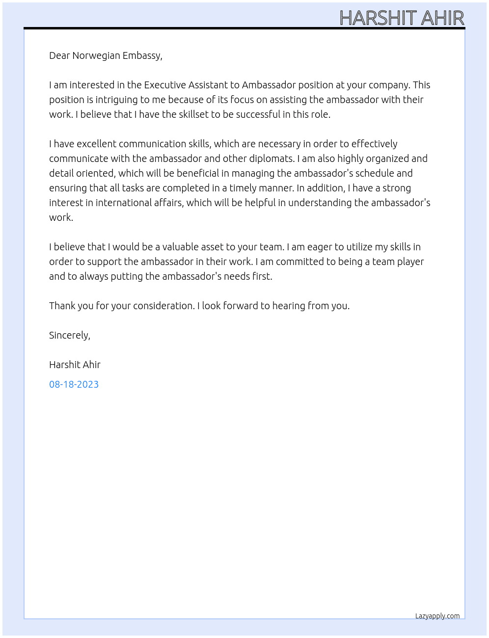 Executive Assistant to Ambassador At Norwegian Embassy Cover Letter