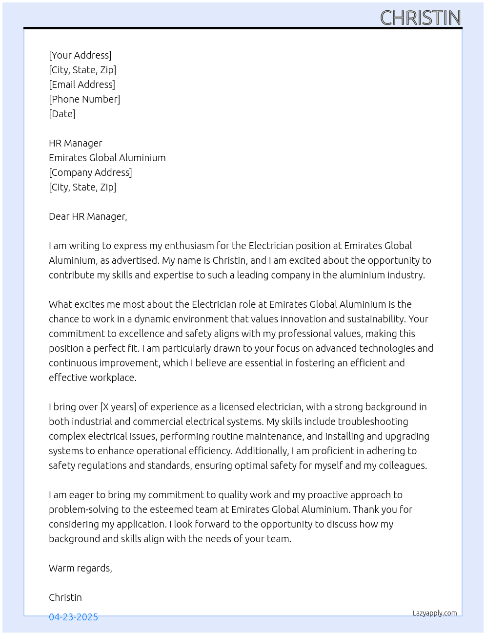 electrician At emirates global aluminium Cover Letter