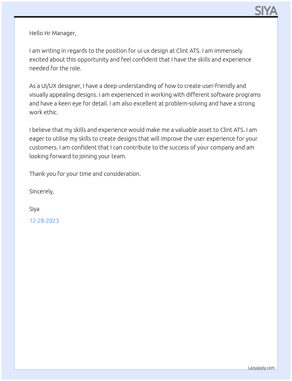 ui ux desing At clint ATS Cover Letter