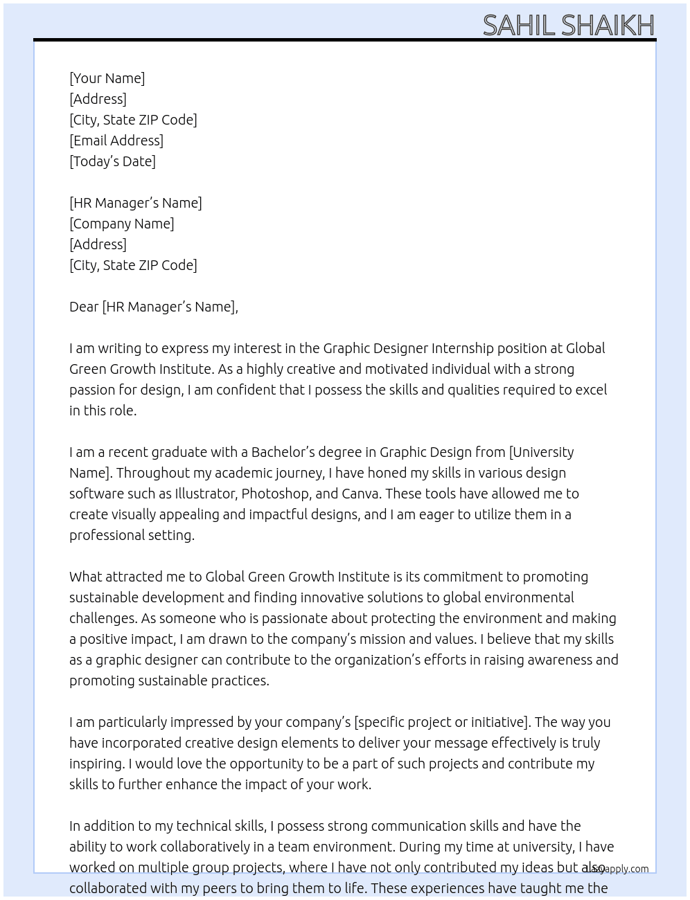 Graphic designer internship  At Global Green Growth Institute Cover Letter