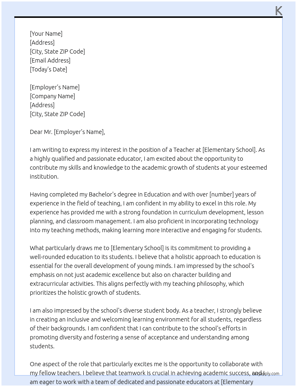 Teacher  At Elementary School  Cover Letter