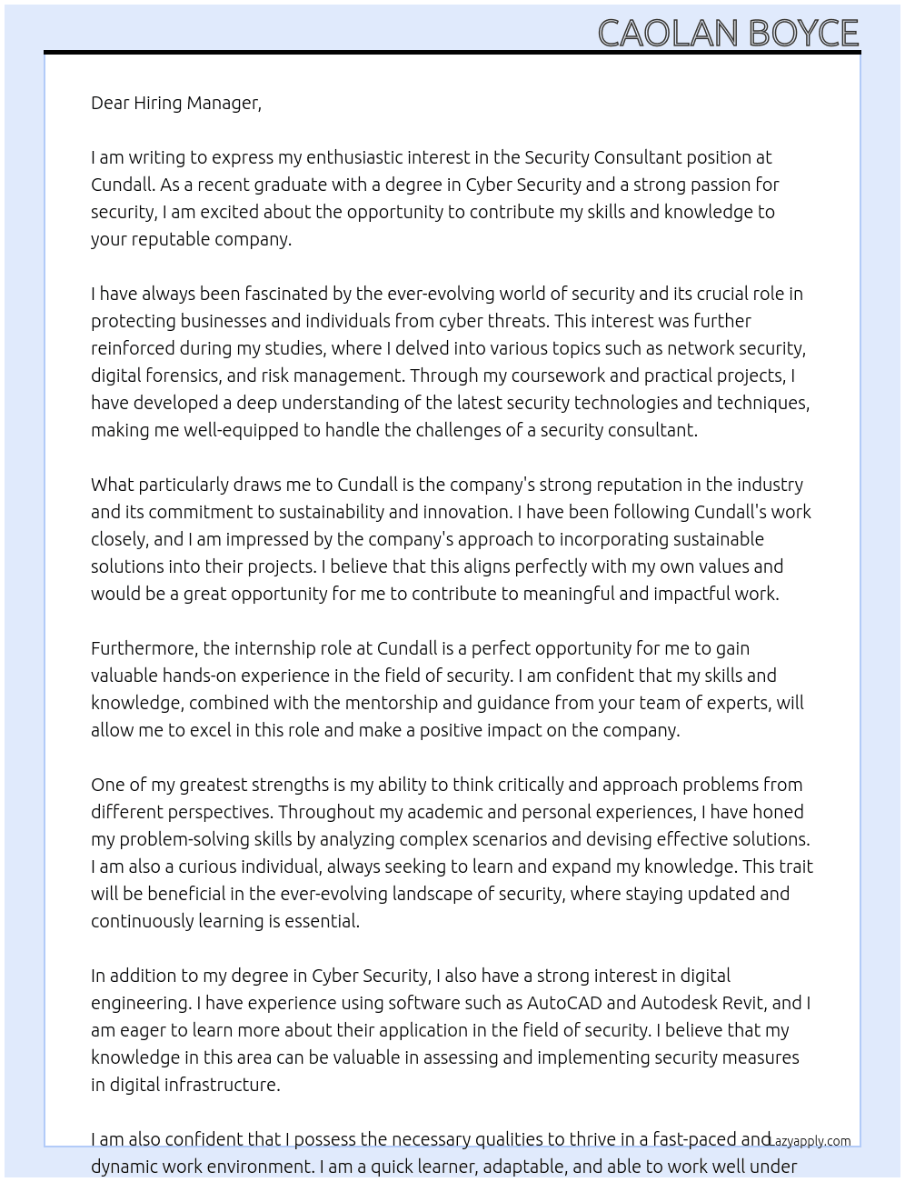 Security Consultant  At Cundall Cover Letter
