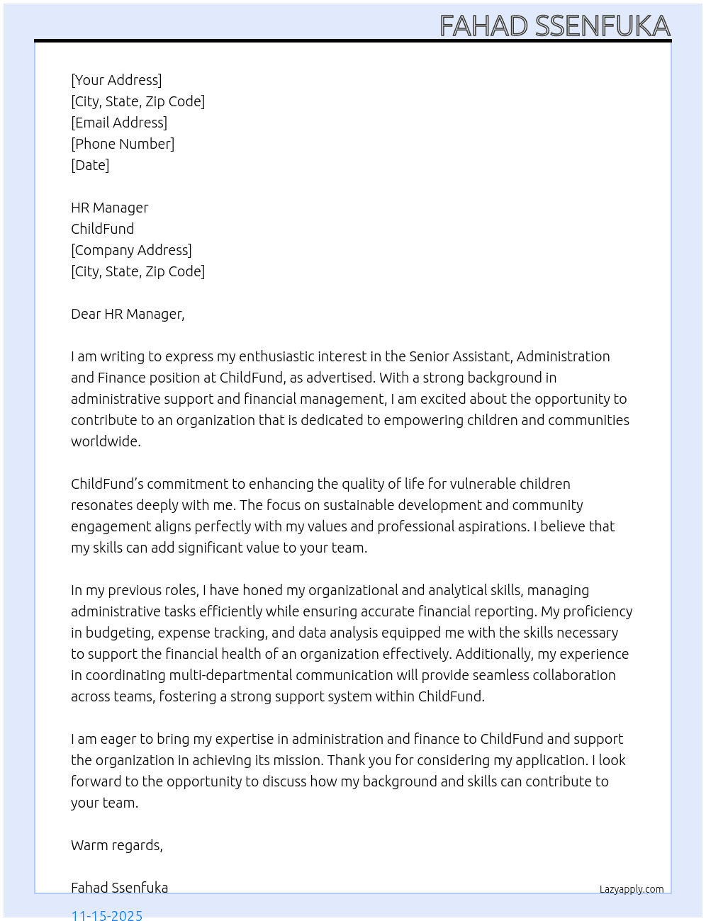 Senior Assistant, Administration and Finance At Child fund Cover Letter