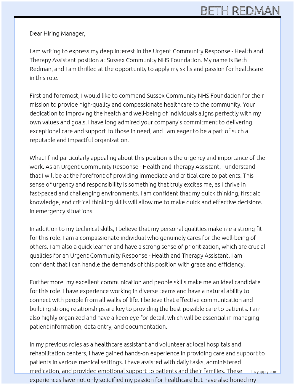 Urgent community response - health and therapy assistant  At Sussex community NHS foundation Cover Letter